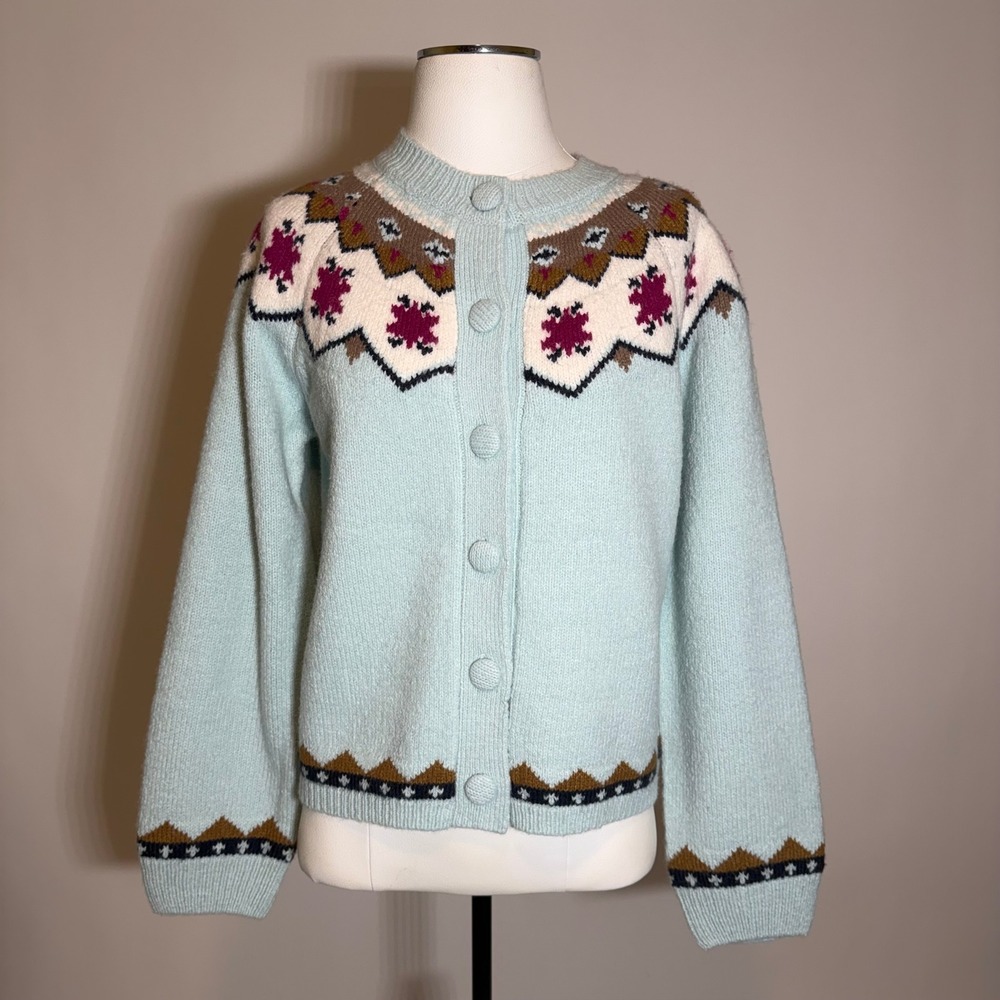 Bailey/44 Fair Isle Nordic Knit Button Cardigan Sweater Light Blue Womens Medium